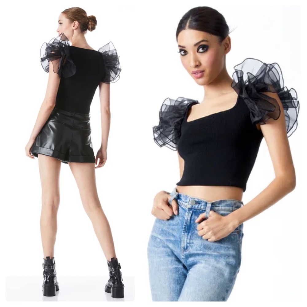 ALICE + OLIVIA Merida Square Neck Ruffle Sleeve Crop Top